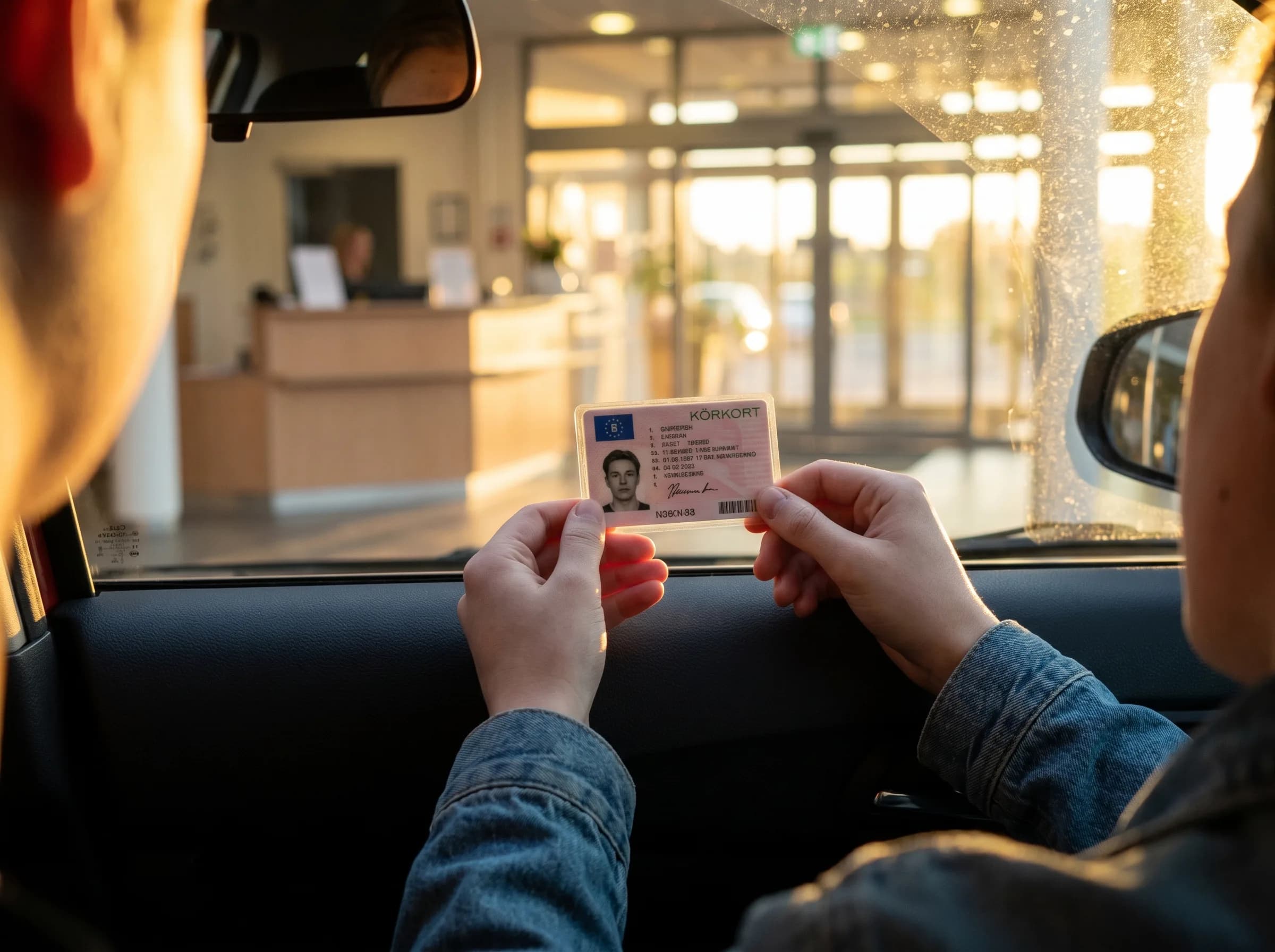 Elev håller upp sitt nya svenska B-körkort efter godkänd uppkörning