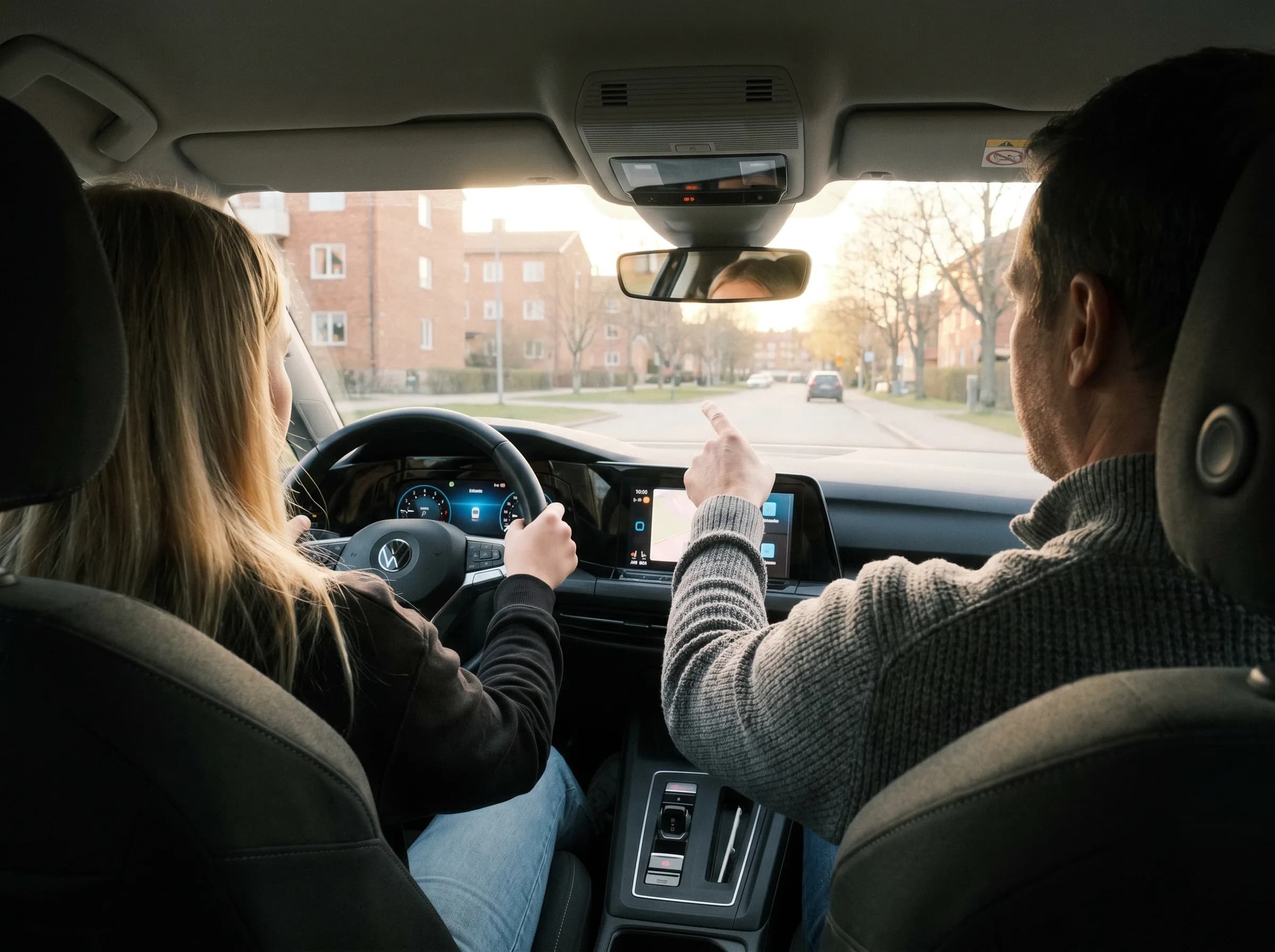 Elev och instruktör under körlektion i Stockholm — B-körkort hos Skärholmens Trafikskola