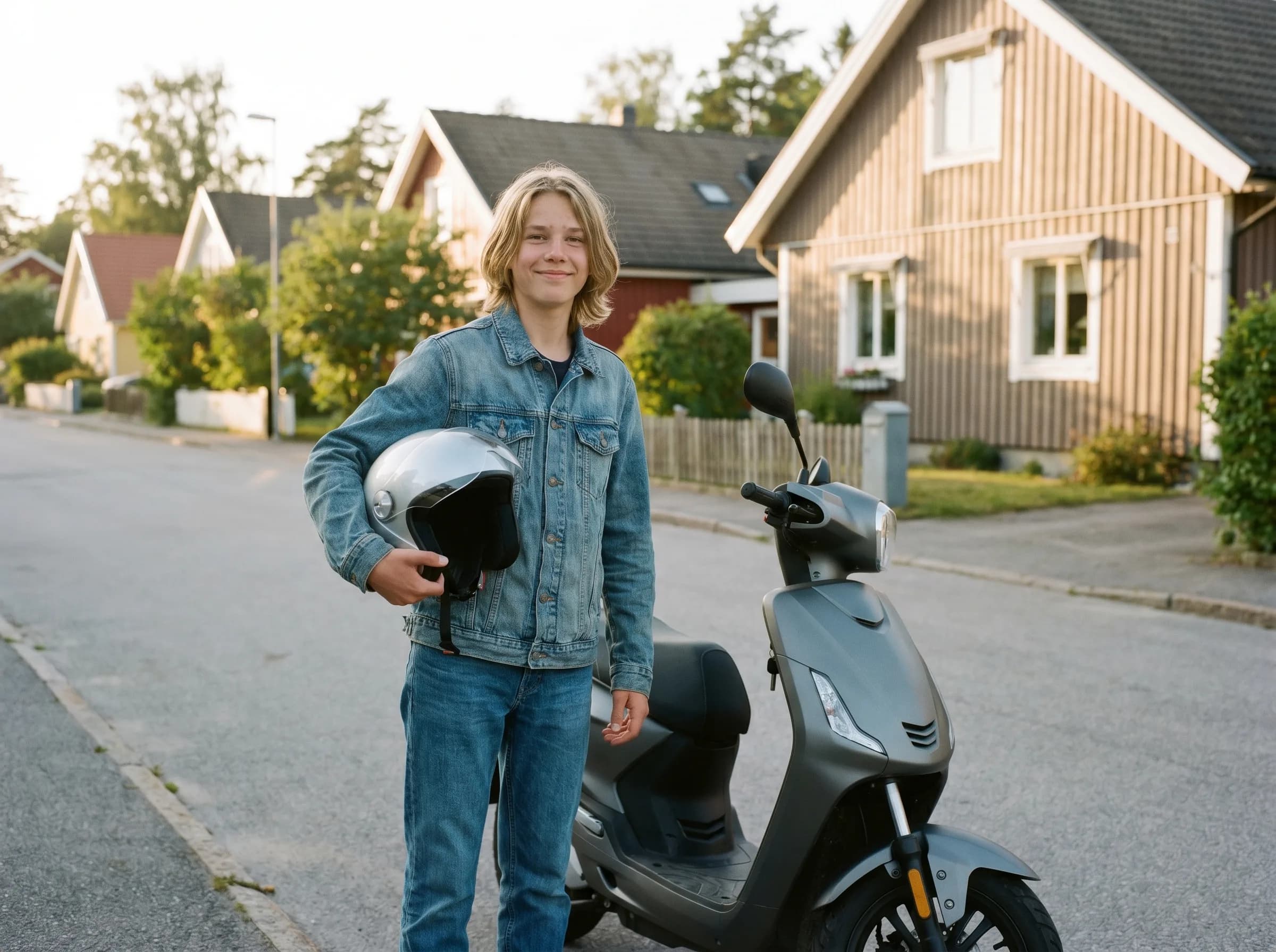 Ung person med hjälm bredvid en modern EU-moped — mopedkörkort AM hos Skärholmens Trafikskola