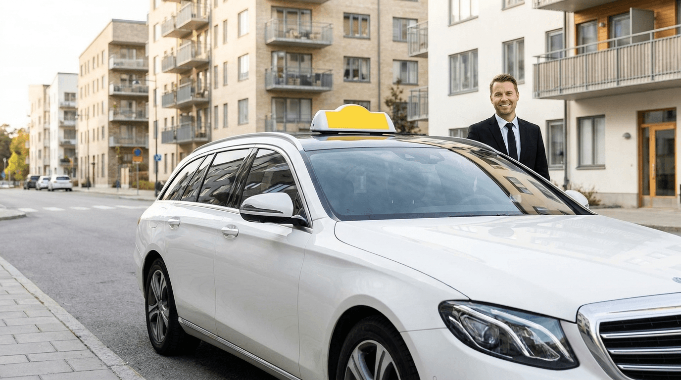 Svensk taxibil på en gata i Skärholmen, Stockholm, en ljus dag