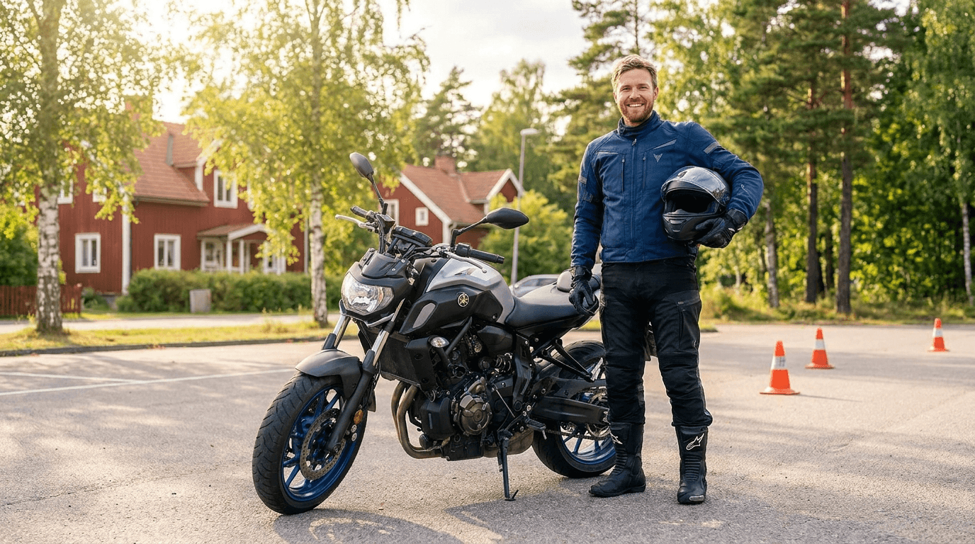Glad motorcyklist i full skyddsutrustning står bredvid sin motorcykel på en solig parkeringsplats i en grönskande Stockholmsförort