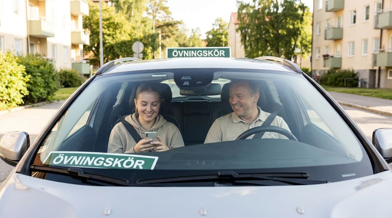 Glad körkortselev i förarsätet på en skolbil med trafiklärare bredvid i en ljus Stockholmsmiljö nära Skärholmen