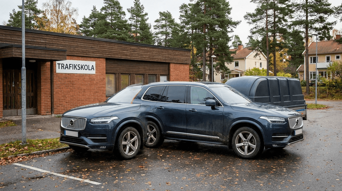 Personbil med tungt släp kopplat, parkerad vid en trafikskola i södra Stockholm